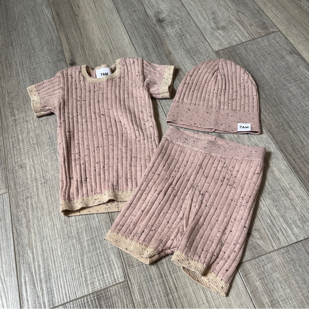 7 AM Grey Short Sleeve Top, Biker Shorts & Hat Set - Cozy Ribbed Knit 9-12 month